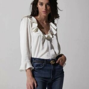 MCGUIRE Satin Loveland Ruffle Blouse Top Scoop Neck 3/4 Sleeve Women's Size S